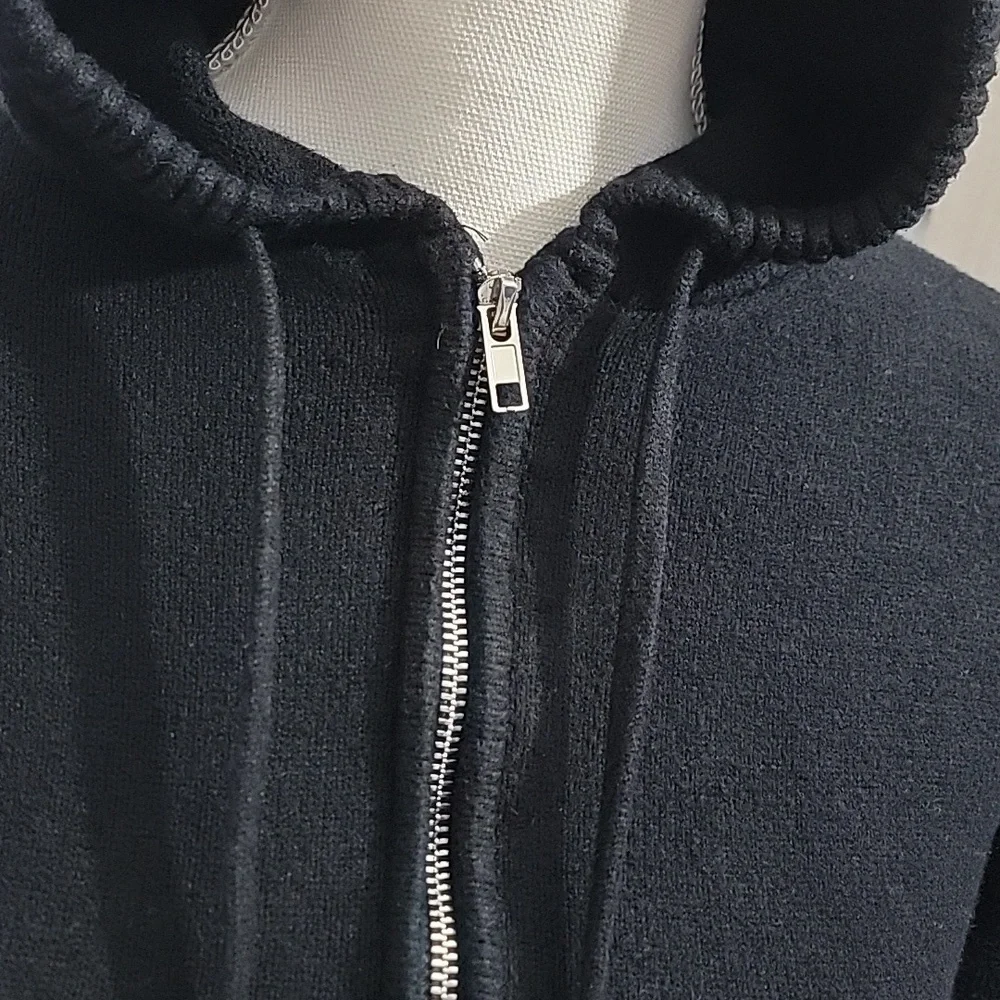 Orange Kiss Black Ribbed Cropped Knit Hoodie Zipper Cardigan